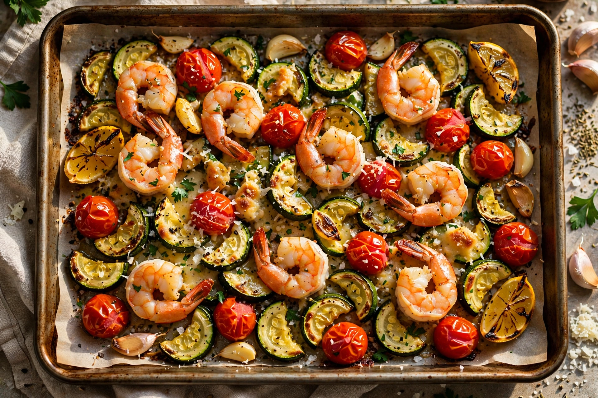 Garlic Parmesan Sheet Pan Shrimp with Zucchini and Cherry Tomatoes