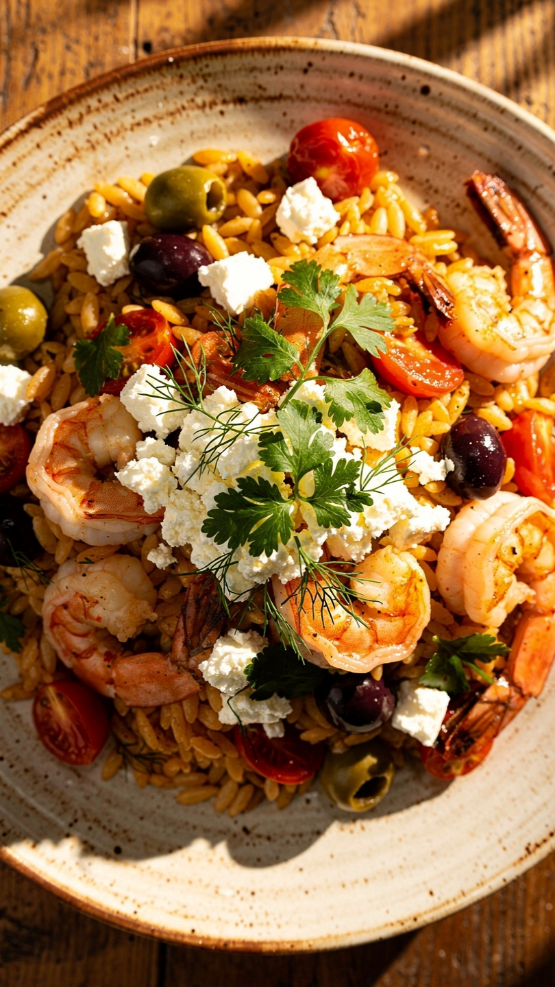 Greek Shrimp with Orzo, Feta, Olives, and Tomatoes